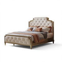 Lit double en bois massif de style rétro américain, crème, 1,8 m, dessus en cuir véritable, capacité de charge de 300 kg