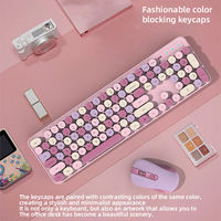 Keyboard dan Mouse Nirkabel Warna-warni Pink Lucu 104 Tombol Ukuran Penuh Model Mesin Ketik dengan Keycap Bulat untuk Komputer Laptop Desktop