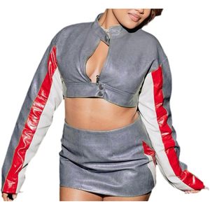 Blouson Bomber Court Femme Personnalisé 2026 en Similicuir, Style Automne Color Block, Manches Longues en Tissu Tissé - Product Image 6