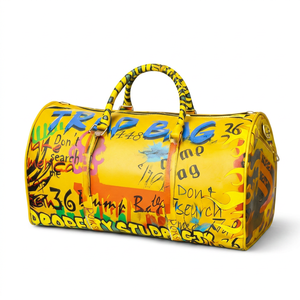 Sac de voyage de luxe en cuir, imprimé graffiti, fermeture éclair, sac de week-end, sac de sport, jaune, grande capacité, style décontracté - Product Image 1