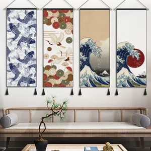 日本の装飾リネン-綿の壁のタペストリープリント太陽、月と星の花の壁アート結婚式の装飾タペストリー