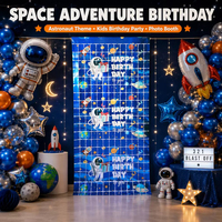 Décor de fête en guirlande métallisée à thème spatial astronaute, rideau carré à franges, Joyeux Anniversaire en anglais et espagnol, Feliz Cumpleaños