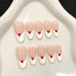 Conception #1196 vente en gros <span class=keywords><strong>de</strong></span> presse sur les ongles forme ovale française Style simple fait à la main 10 pièces presse Ons coeur rouge bordure blanche <span class=keywords><strong>faux</strong></span> ongles - Product Image 4