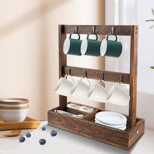 Wooden Coffee Cup Holder 2 Tier Rustic Style Standing <b>Rack</b> With Double Sided Hooks For <b>Kitchen</b> Storage - Product Image 2
