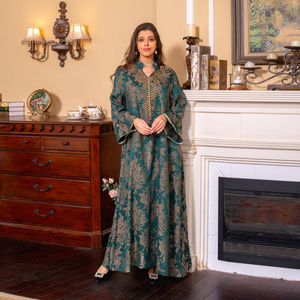 Robe Kaftan brodée à la main, jacquard doré, col en V, longueur au sol, manches longues, coupe ample, tenue de soirée <span class=keywords><strong>pour</strong></span> le Ramadan et l'Aïd - Product Image 1