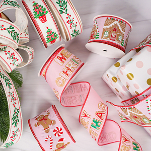 Fita de Natal com Borda Aramada, 10 Jardas/Rolo, 38mm e 63mm de Largura, Rosa, com Motivos de Boneco de Gengibre, Cabana de Neve e Guirlanda - Product Image 3