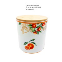 Contenants de cuisine en céramique de la série citron-orange-olive, couvercles en bois amovibles et hermétiques, forme cylindrique durable et écologique, impression