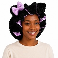 Bonnet de nuit double couche en polaire peluche, extérieur rose satiné, intérieur en satin, sangle réglable avec boucle coulissante 35 cm, nœud décoratif doux, bonnet pour cheveux