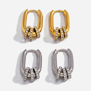 Pendientes de aro de acero inoxidable con forma ovalada geométrica y diamantes de imitación para mujer, joyería de fiesta - Product Image 1