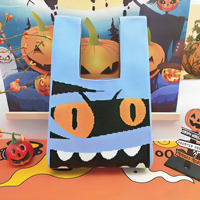 Tas Hadiah Halloween Baru, Souvenir Pesta Trick-or-Treat, Tas Permen Rajut Polyester Lipat Motif Seram dengan Bros