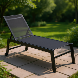 Adjustable Black Sun Lounger Chair With Wheels Breathable <b>Backrest</b> For Patio Outdoor Use - Product Image 2