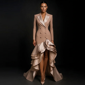Abito da sera blazer color kaki nude, <span class=keywords><strong>doppiopetto</strong></span>, con orlo asimmetrico e volant, vestito lungo da festa con servizio di design personalizzato - Product Image 1
