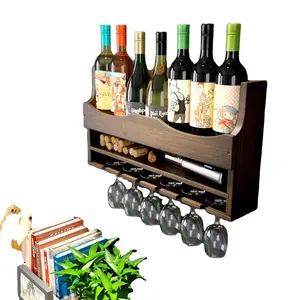 Bamboo Wall Mounted Wine Rack with Hanging Stemware Glasses Set and Wine Cork Storage Wine Bottles Holder
