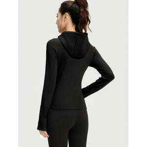 Chaqueta de punto para mujer, estilo informal, con capucha, cierre frontal con cremallera, manga larga, color negro, para otoño - Product Image 2