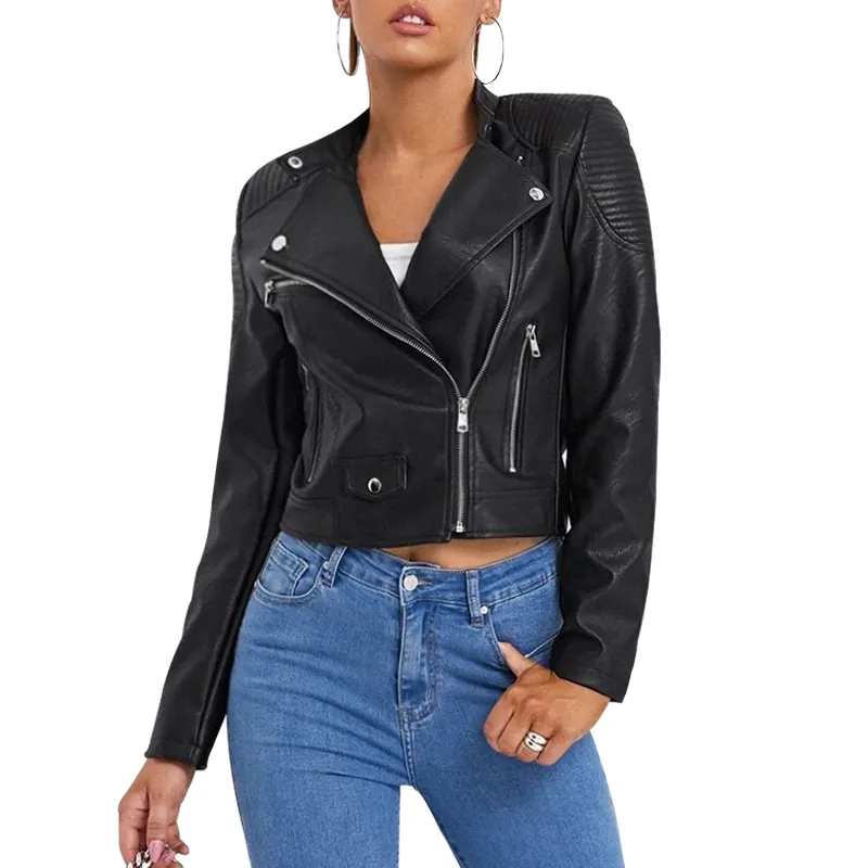 Factory Customhatd Autumn Winter Ladies Jacket Fashion Zisnow Hatpu Biker Jacket PU Short Standard Motorcycle