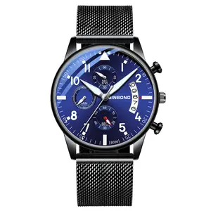 BINBOND B036 פופולרי שחור רבותיי קוורץ שעון גאון רשת רצועת לוח זוהר Ultra דק ספורט שעון עיצוב