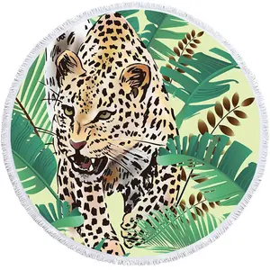 Jungle Cheetah Print Animal Green Palm Leaves Picnic Mat Bath Blanket Round Beach Towel with Fringing