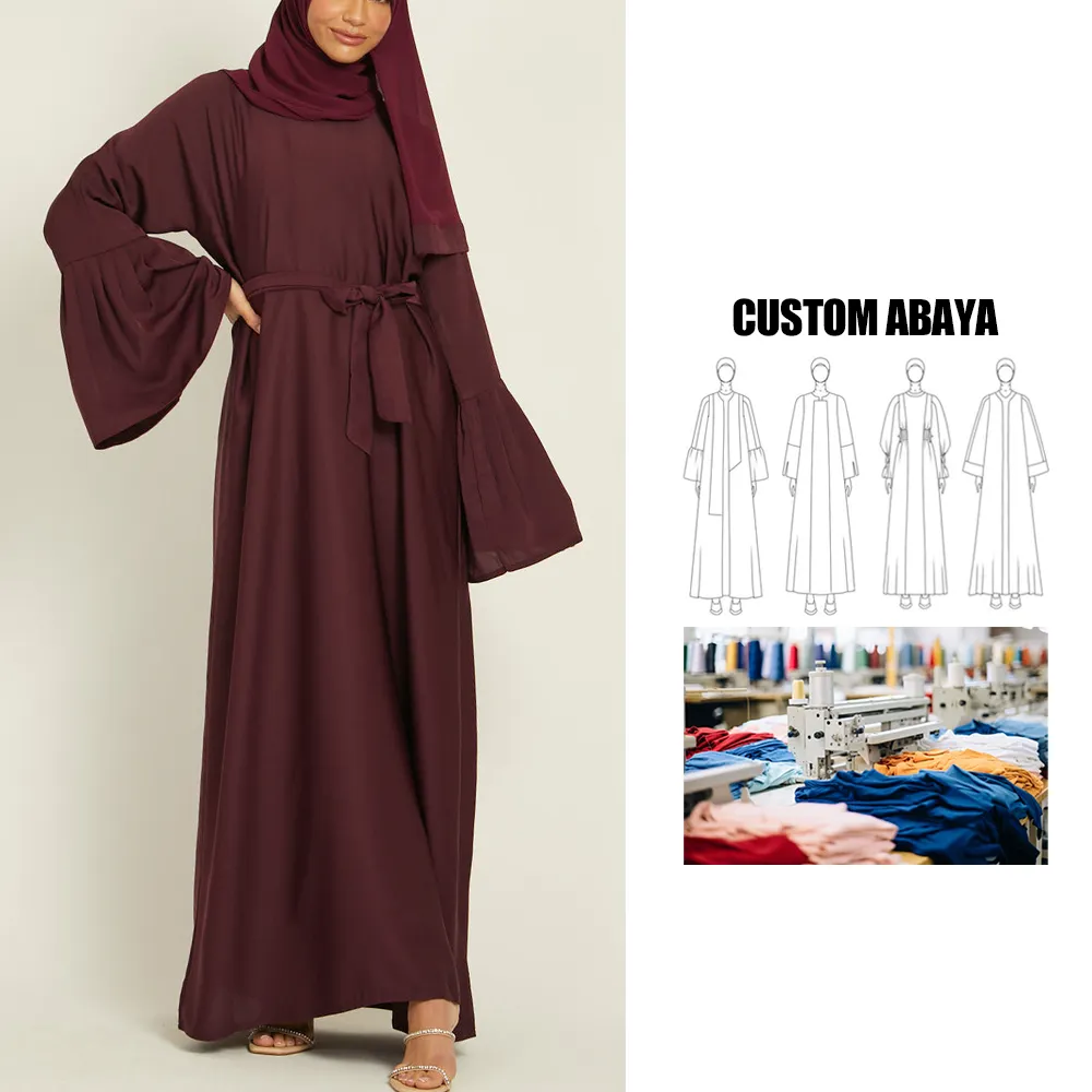 Afghanische kleid 2024 personalizado al por mayor Dubai llano modesto cerrado abaya mujeres musulmanas vestido con mangas acampanadas