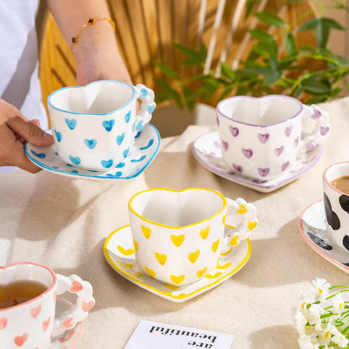 Hand-Painted Pink Heart Ceramic Cup Saucer Set Creative Vintage Retro Classic Retro Fresh Small Fresh Water Cup