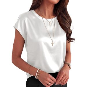 Women Silk Satin Cap Sleeve <b>Blouse</b> Crew Neck Breathable Office Casual Top 2026 Summer Outfit - Product Image 2