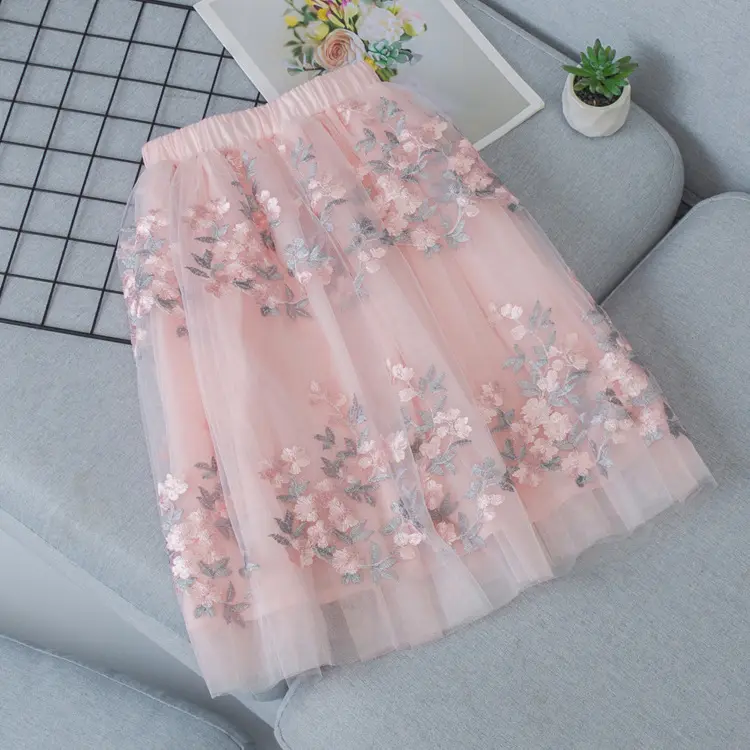 Faldas de tul con flores para niñas, tutú de tul con bordado Floral de malla informal para verano