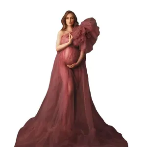 Elegant One Ruffled Shoulder Fluffy Maternity Dress For Photoshoot Sexy Pregnant Women Dresses For Photography Pregnancy