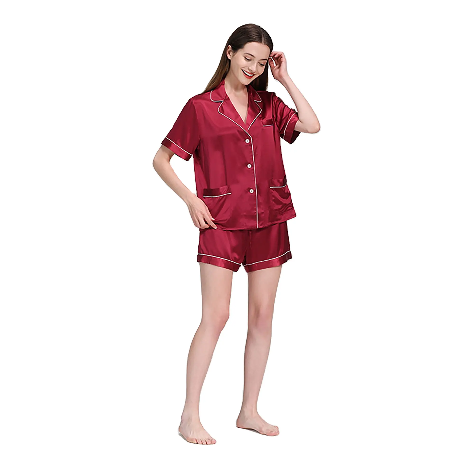 Hoge Kwaliteit Sexy Zijden Pyjama Set Custom Stijl Zijde Verminderen Wrijving Anti-Veroudering 100% Mulberry Zijden Pyjama