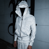 Sweat à capuche zippé blanc déstructuré pour homme, double capuche, effet vieilli, style streetwear grunge, fabricant de marque privée