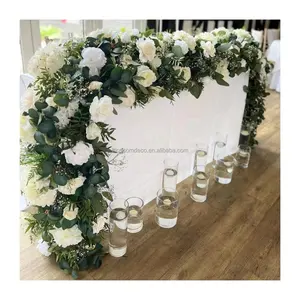 Yapay beyaz gül masa Arch yeşil yaprak çiçek koşucu düğün Centerpiece koridor için merdiven çiçek koşucu