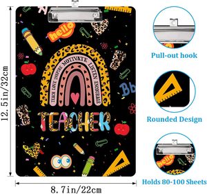 Acrylic <strong>Cute</strong> Teacher Rainbow Pattern Paperboard <strong>Clipboard</strong> with Low Profile Design for Office and School Supplies Customizable - Product Image 2