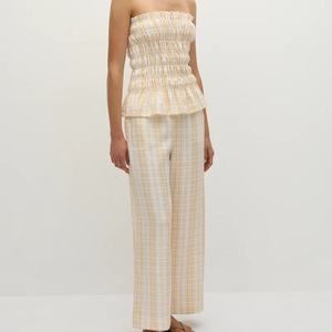 Conjunto de dos piezas de lino y algodón para mujer, estilo informal, Primavera Verano, patrón sólido, pantalones de pierna ancha, <span class=keywords><strong>Top</strong></span> <span class=keywords><strong>fruncido</strong></span> sin tirantes - Product Image 1