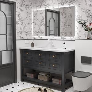 Tocador de baño de roble todo en uno con tablero de <span class=keywords><strong>roca</strong></span> <span class=keywords><strong>Retro</strong></span> francés, <span class=keywords><strong>lavabo</strong></span> de piso a piso de MDF de cerámica moderna, combinación de inodoro - Product Image 2