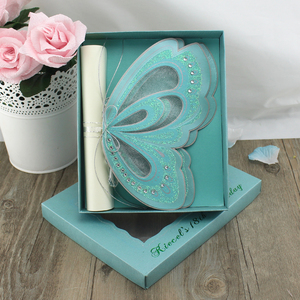 Cartes d'invitation fantaisie en papier découpé au laser <span class=keywords><strong>rose</strong></span> blush avec des papillons 3D pour mariage, baby shower, baptême - Product Image 6