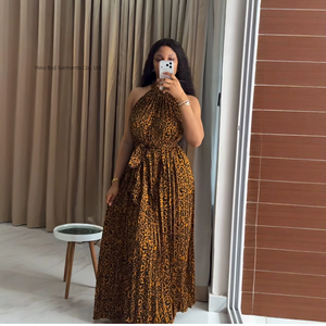 Abito <span class=keywords><strong>lungo</strong></span> plissettato estivo in poliestere con stampa leopardata, nuovo stile africano 2026, per donna, transfrontaliero - Product Image 1