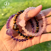 Pulsera de Corazón de Cuarzo Rosa, Amatista y Ojo de Tigre Natural al por Mayor, Joyería Curativa de Piedras Preciosas Mixtas, Brazalete de Cuentas a Granel para Reventa