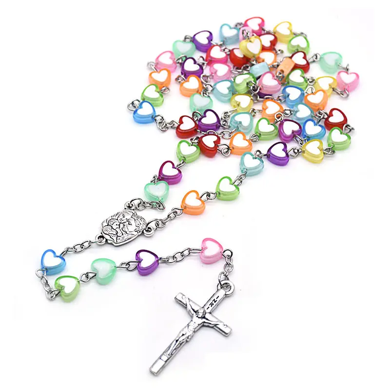 Kids Jewelry Alloy Cross Pendant Prayer Beads Christian Catholic Necklace Colored Heart Beads Rosary Necklace