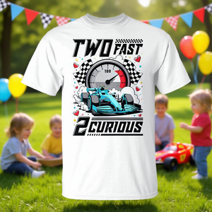 T-shirt de course automobile Two Fast 2 Curious pour enfants, à porter pour une fête d'anniversaire - Product Image 3