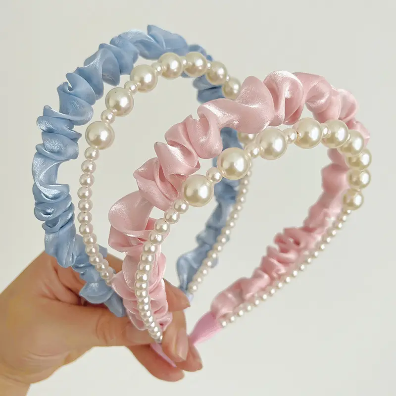 Wholesale New Design Plaid Scrunchies Women Soft Pearl Hairbands Girls Hair Accessories