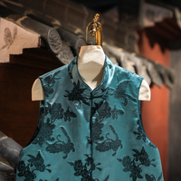 Gilet bleu ample sans manches à col montant en velours côtelé de soie, style chinois, pour femme, modèle 5652
