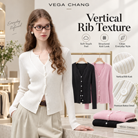 Cardigan côtelé classique pour femme VEGA CHANG, col en V cranté, fermeture boutonnée intégrale, coupe ajustée, rayures verticales, matière douce et agréable pour la peau