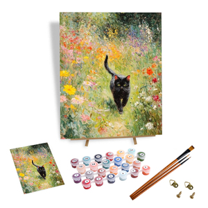 Kit de peinture par numéros pour adultes débutants, toile de peinture DIY avec peinture acrylique, motif chat noir et jardin de fleurs sauvages, décoration intérieure - Product Image 1