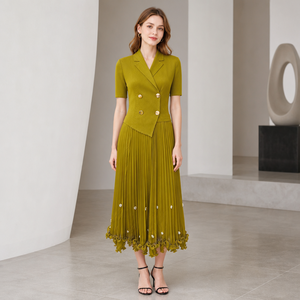 Vestido de Mujer de Buena Calidad, Estilo Blazer de Manga Corta, Doble Botonadura, con Volantes en el Bajo, Vestido Plisado Miyake para Verano - Product Image 1