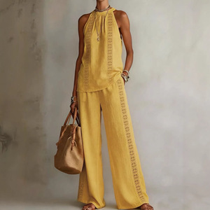 Conjunto de Dos Piezas para <span class=keywords><strong>Mujer</strong></span>, Estilo Retro Europeo y Americano, Top sin Mangas con Encaje Calado y Pantalones Anchos Cómodos - Product Image 5