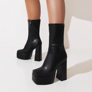 Bottes pour femme à bout carré, avec fermeture éclair latérale, hauteur cheville, plateforme épaisse de luxe - Product Image 1