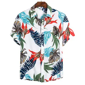 定制100% 人造丝升华印花短袖夏威夷沙滩休闲衬衫男士