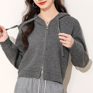 <span class=keywords><strong>Cardigan</strong></span> Corto in Maglia <span class=keywords><strong>con</strong></span> Cappuccio e Zip Grigio da <span class=keywords><strong>Donna</strong></span> - Top Casual Quotidiano - Product Image 5