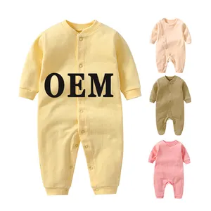 Nhà Sản Xuất Bộ Áo Liền Quần Dài Tay Màu Trơn 100% Cotton Tùy Chỉnh Cho Trẻ Sơ Sinh Bộ Đồ Ngủ Cho Bé Đồ Liền Quần Áo Cho Trẻ Tập Đi