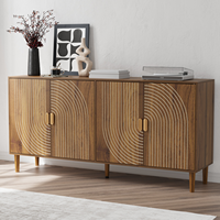 Lemari Penyimpanan Walnut, Kredenza 4 Pintu dengan Detail Alur Vertikal, Lemari Aksen Multifungsi