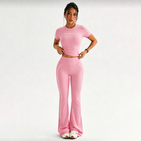 Ensemble été pour femme BR6918, haut à manches courtes et col rond, pantalon slim évasé contrastant tendance