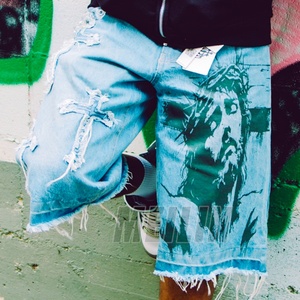 Customize <b>Men's</b> Denim <b>Shorts</b> Vintage Distress <b>Patch</b> Print Jeans Baggy Oversized Jeans Denim <b>Shorts</b> for <b>Men</b> - Product Image 1